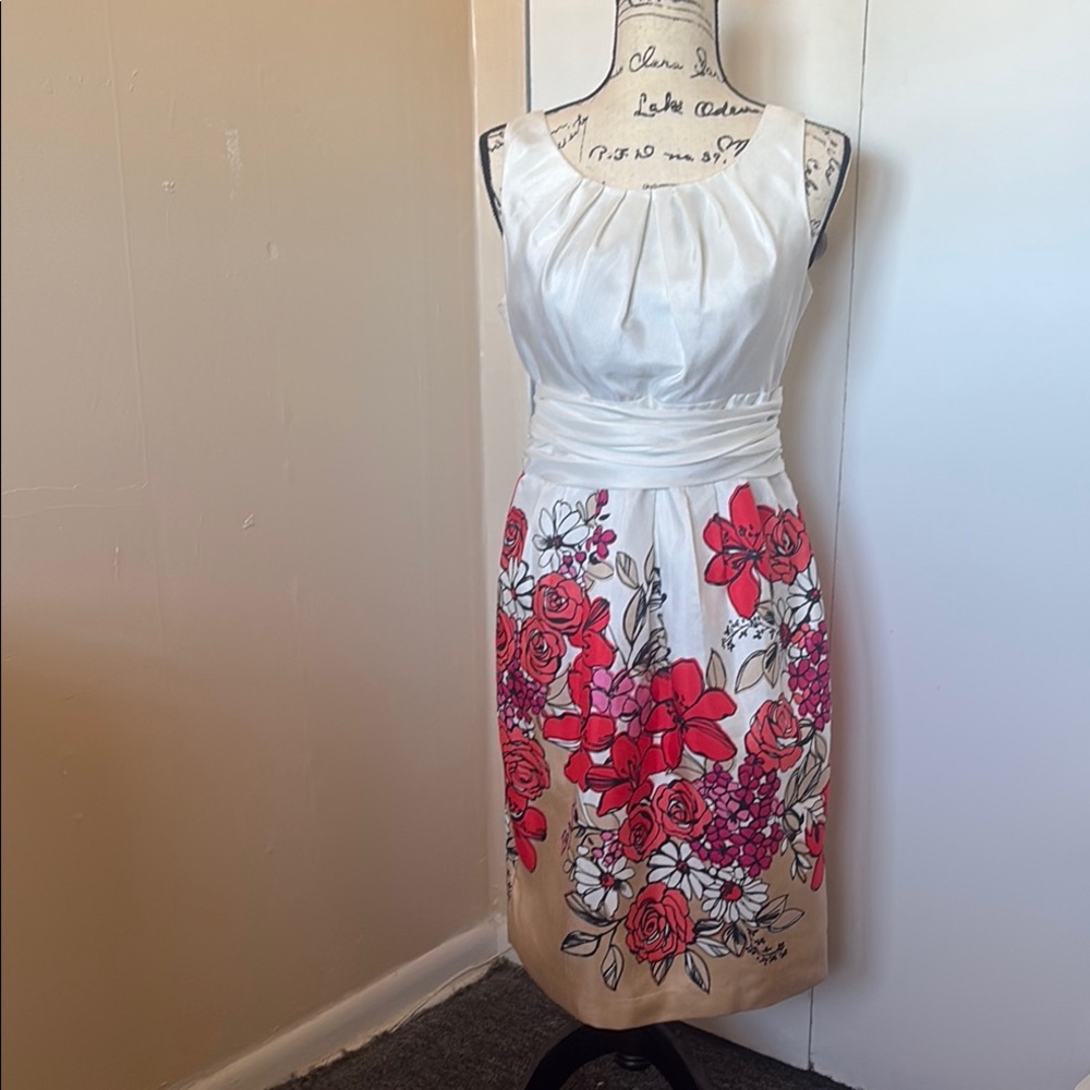Evan Picone White and Red Pleated Sheath Midi Dress
